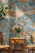 Blue Toile Adventure Wallpaper : Orange and Sky Blue Scenic Pattern Mural