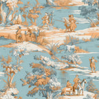 Blue Toile Adventure Wallpaper : Orange and Sky Blue Scenic Pattern Mural - flat design