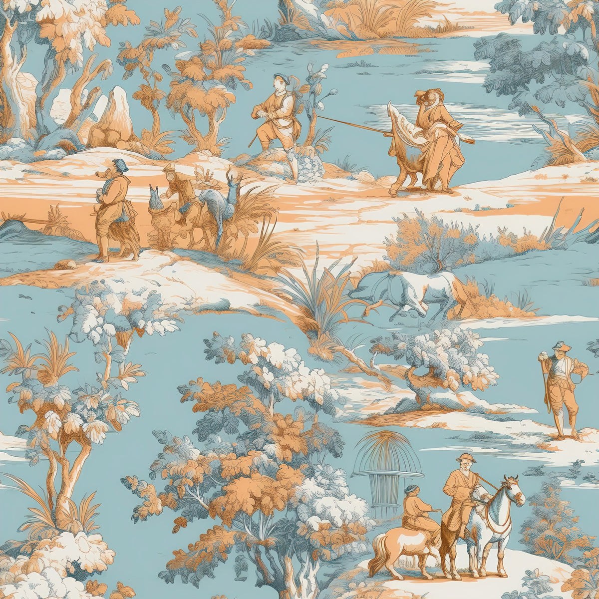 Blue Toile Adventure Wallpaper : Orange and Sky Blue Scenic Pattern Mural - flat design