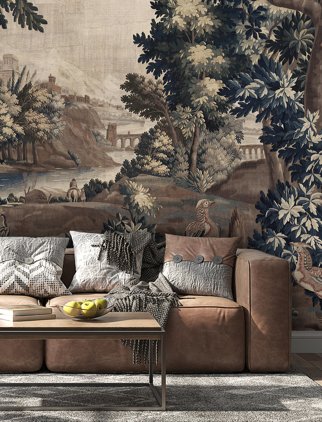 Tapestry Forest River Wallpaper : Antique Woodland Birds Mural