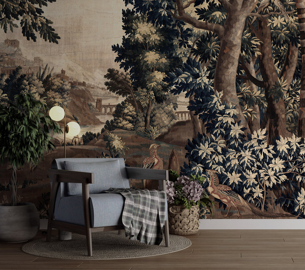 Tapestry Forest River Wallpaper : Antique Woodland Birds Mural - View 3