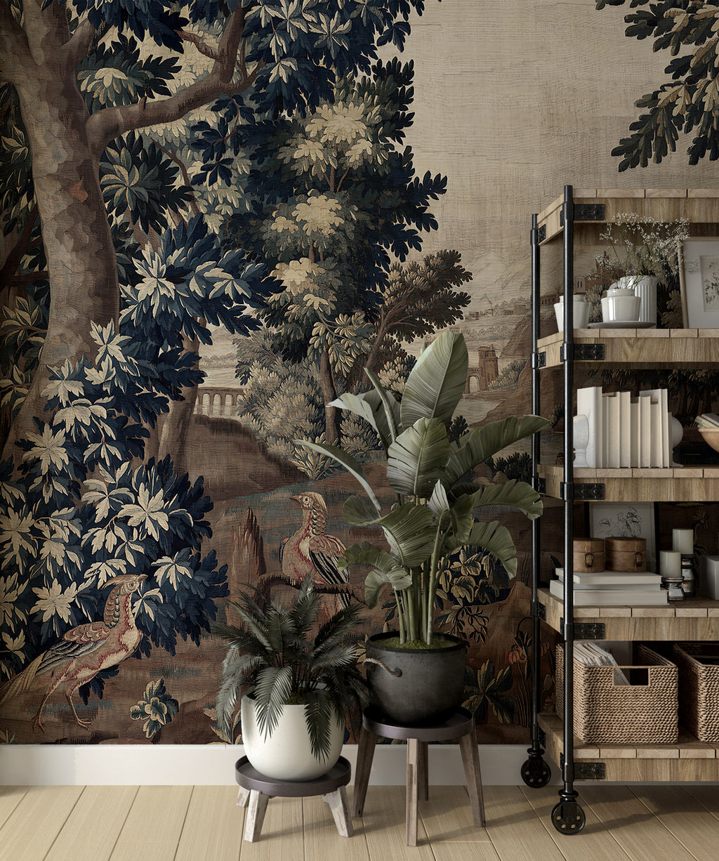 Tapestry Forest River Wallpaper : Antique Woodland Birds Mural - View 2