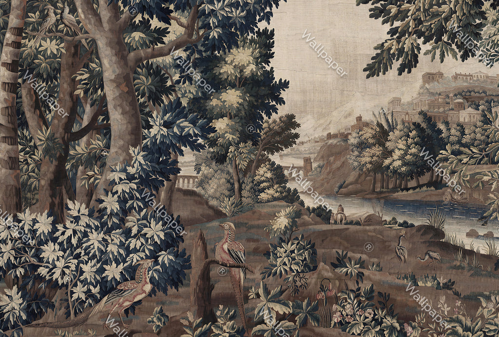 Tapestry Forest River Wallpaper : Antique Woodland Birds Mural - flat design