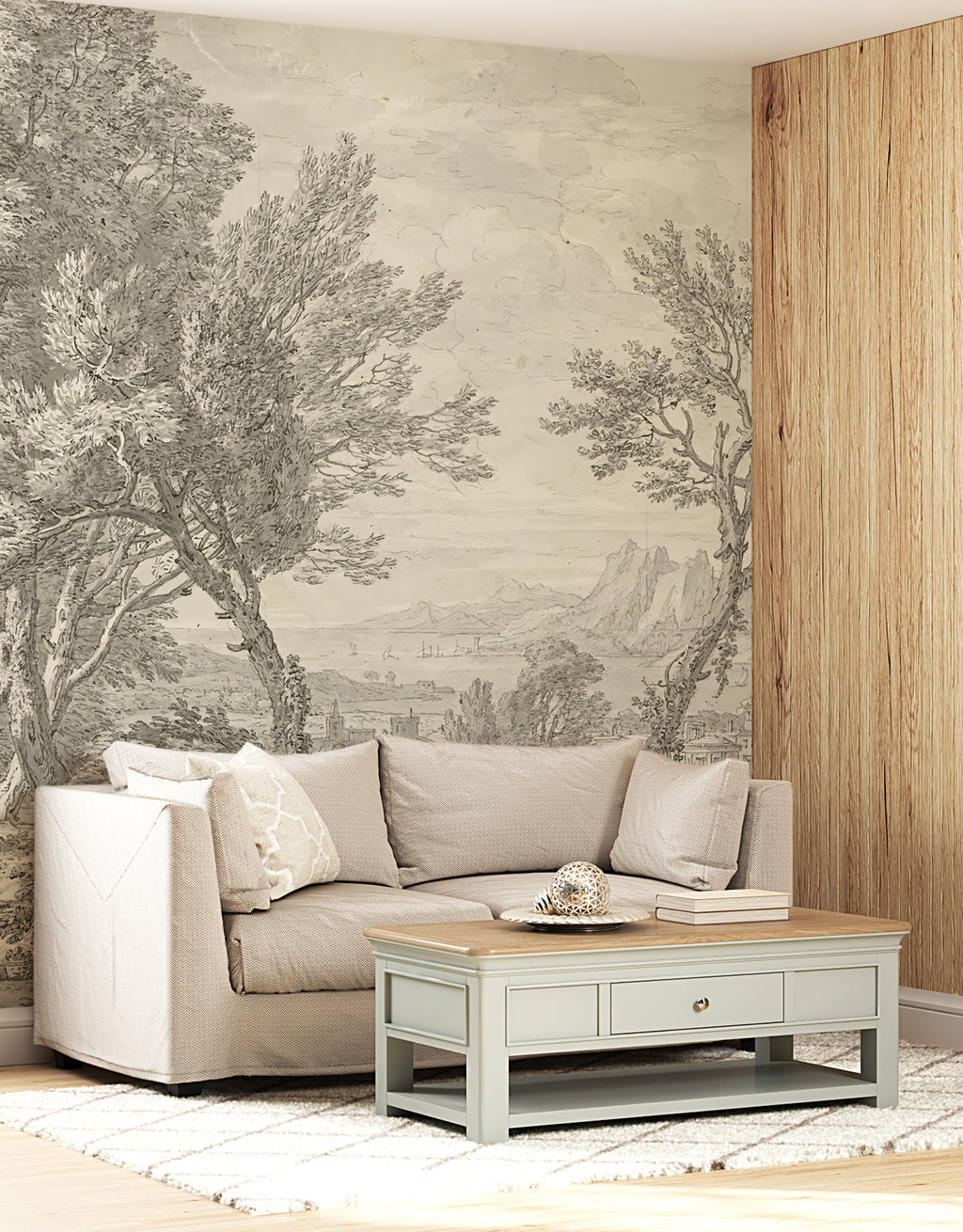 Sketch Forest Coast Wallpaper : Grey Pencil Landscape Mural - View 4