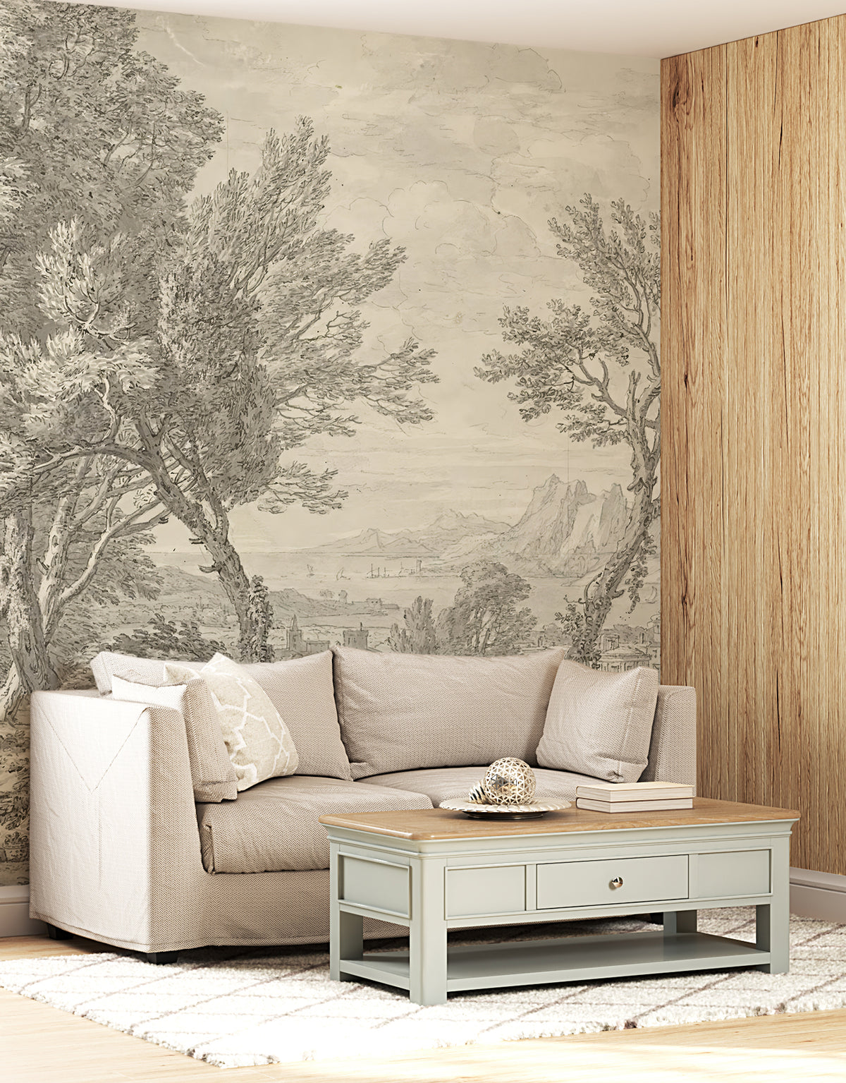 Sketch Forest Coast Wallpaper : Grey Pencil Landscape Mural - View 4