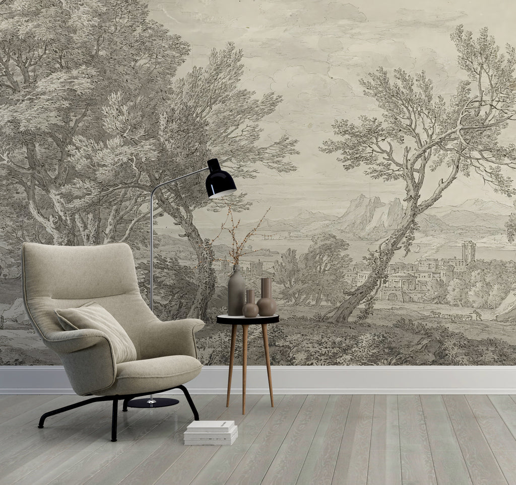 Sketch Forest Coast Wallpaper : Grey Pencil Landscape Mural - View 2