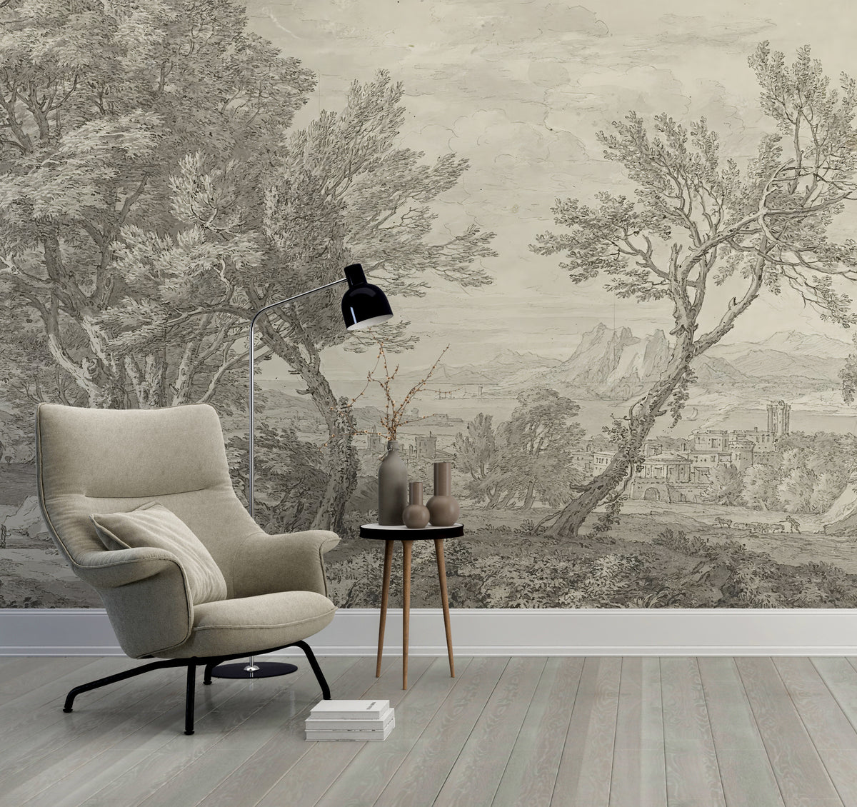 Sketch Forest Coast Wallpaper : Grey Pencil Landscape Mural - View 2
