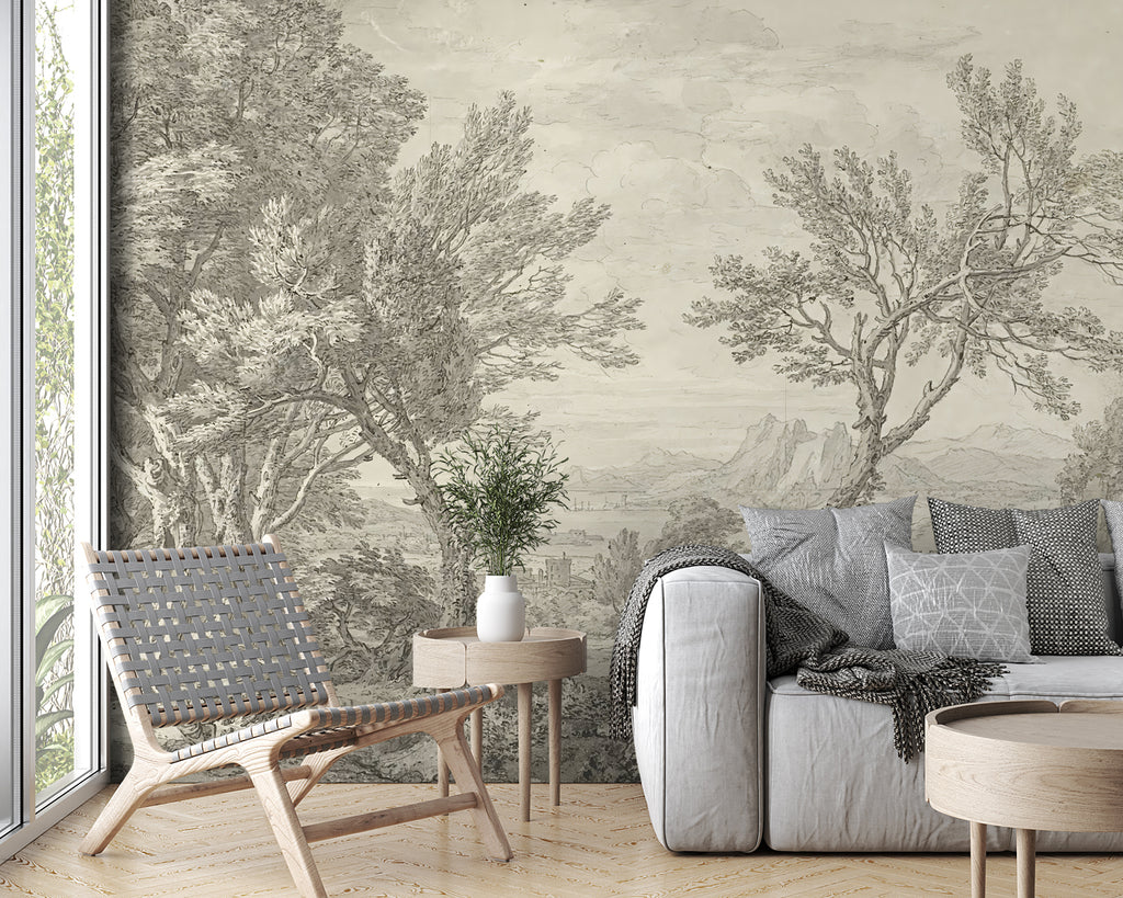 Sketch Forest Coast Wallpaper : Grey Pencil Landscape Mural - View 3
