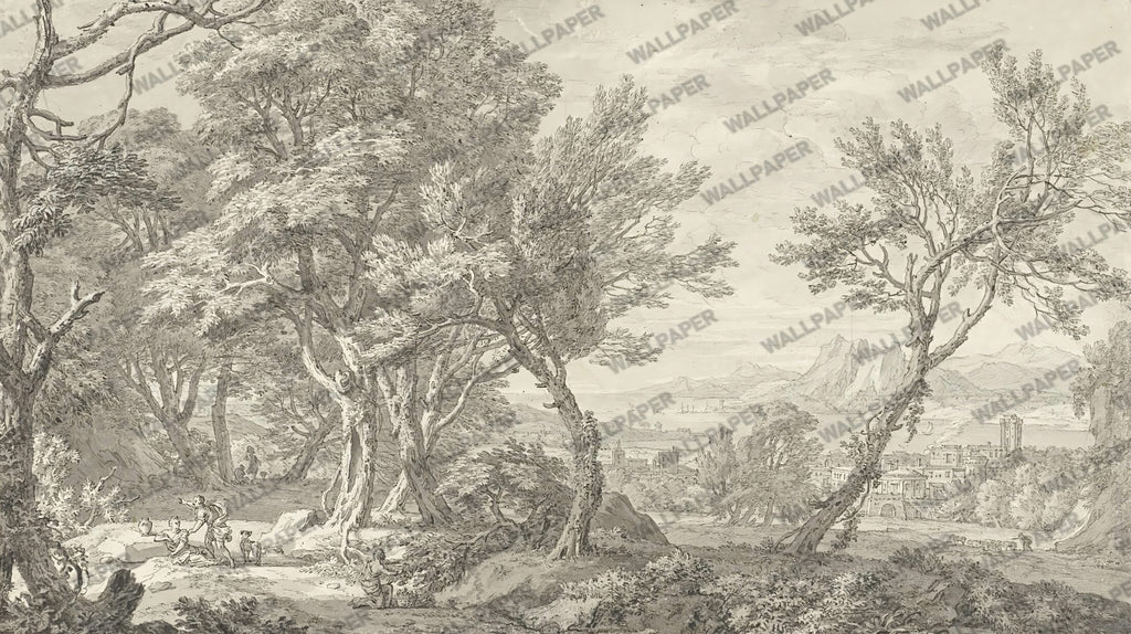 Sketch Forest Coast Wallpaper : Grey Pencil Landscape Mural - flat design