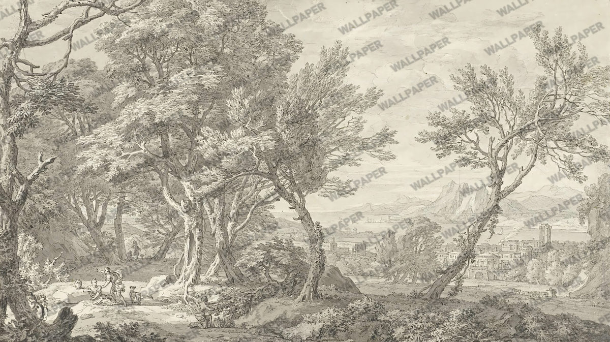 Sketch Forest Coast Wallpaper : Grey Pencil Landscape Mural - flat design