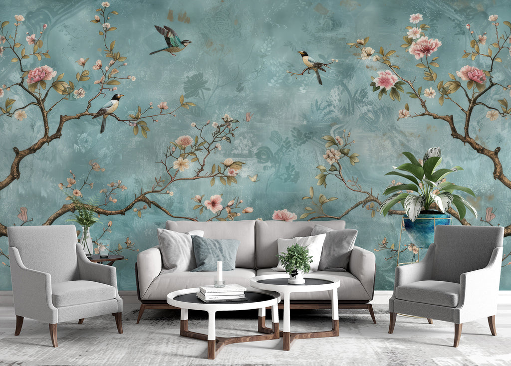 Turquoise Blossom Birds Wallpaper : Chinoiserie Branch Mural - View 3