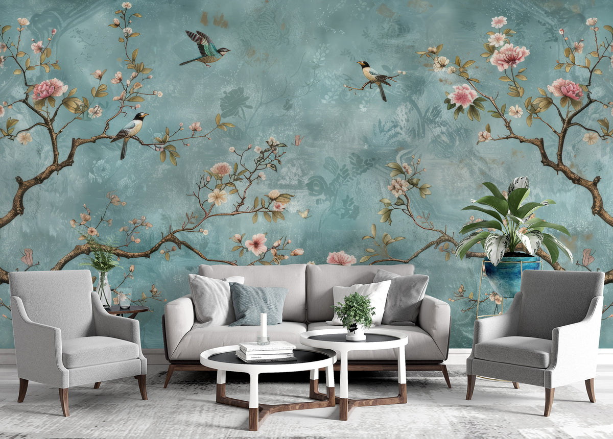 Turquoise Blossom Birds Wallpaper : Chinoiserie Branch Mural - View 3