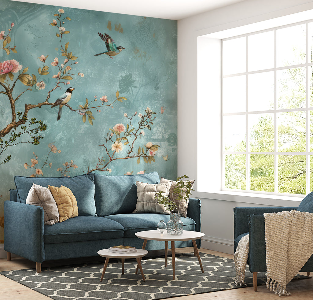 Turquoise Blossom Birds Wallpaper : Chinoiserie Branch Mural - View 4