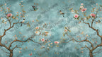 Turquoise Blossom Birds Wallpaper : Chinoiserie Branch Mural - flat design