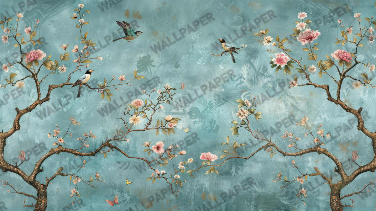 Turquoise Blossom Birds Wallpaper : Chinoiserie Branch Mural - flat design