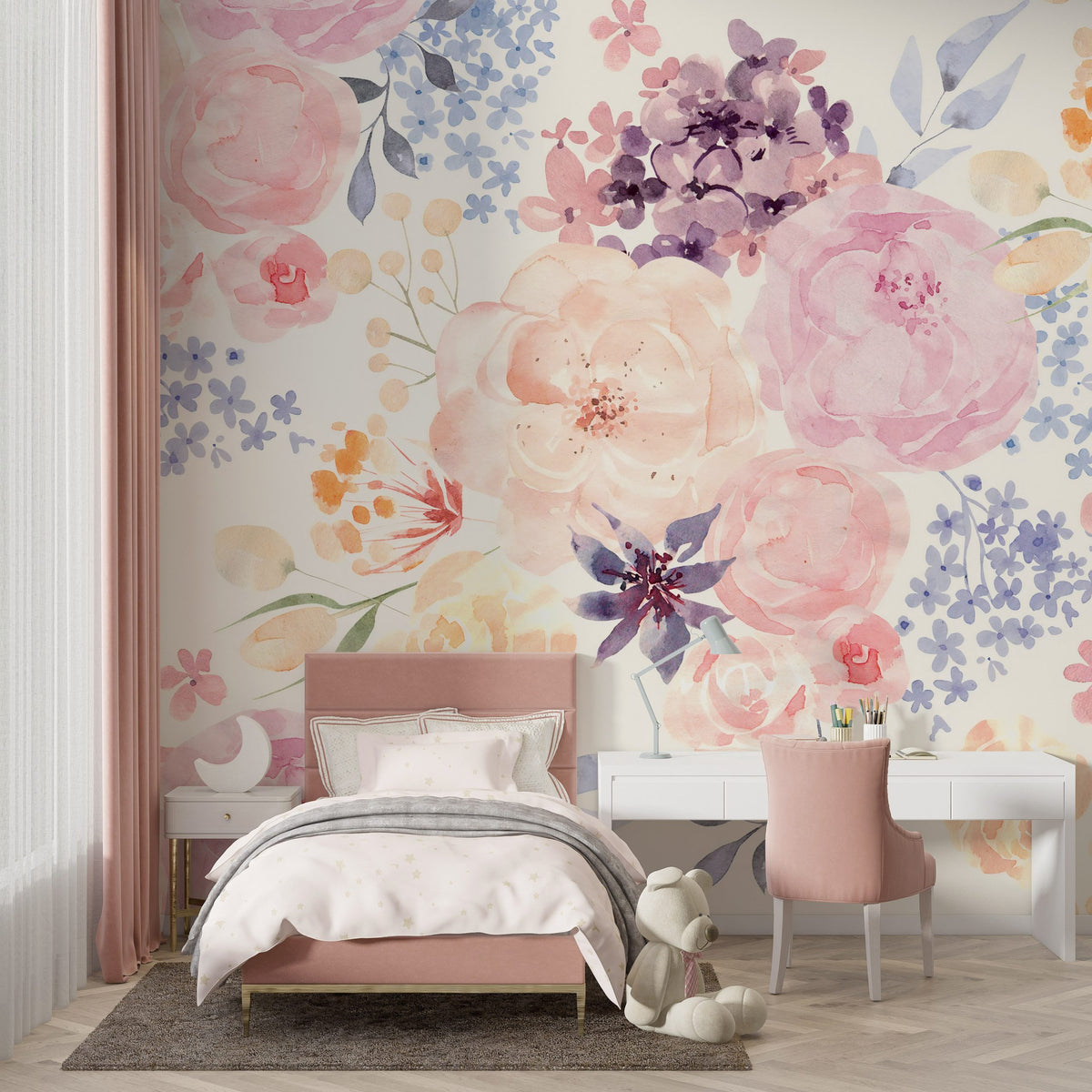 Pastel Watercolor Rose Wallpaper : Soft Peach Bloom Mural - View 4
