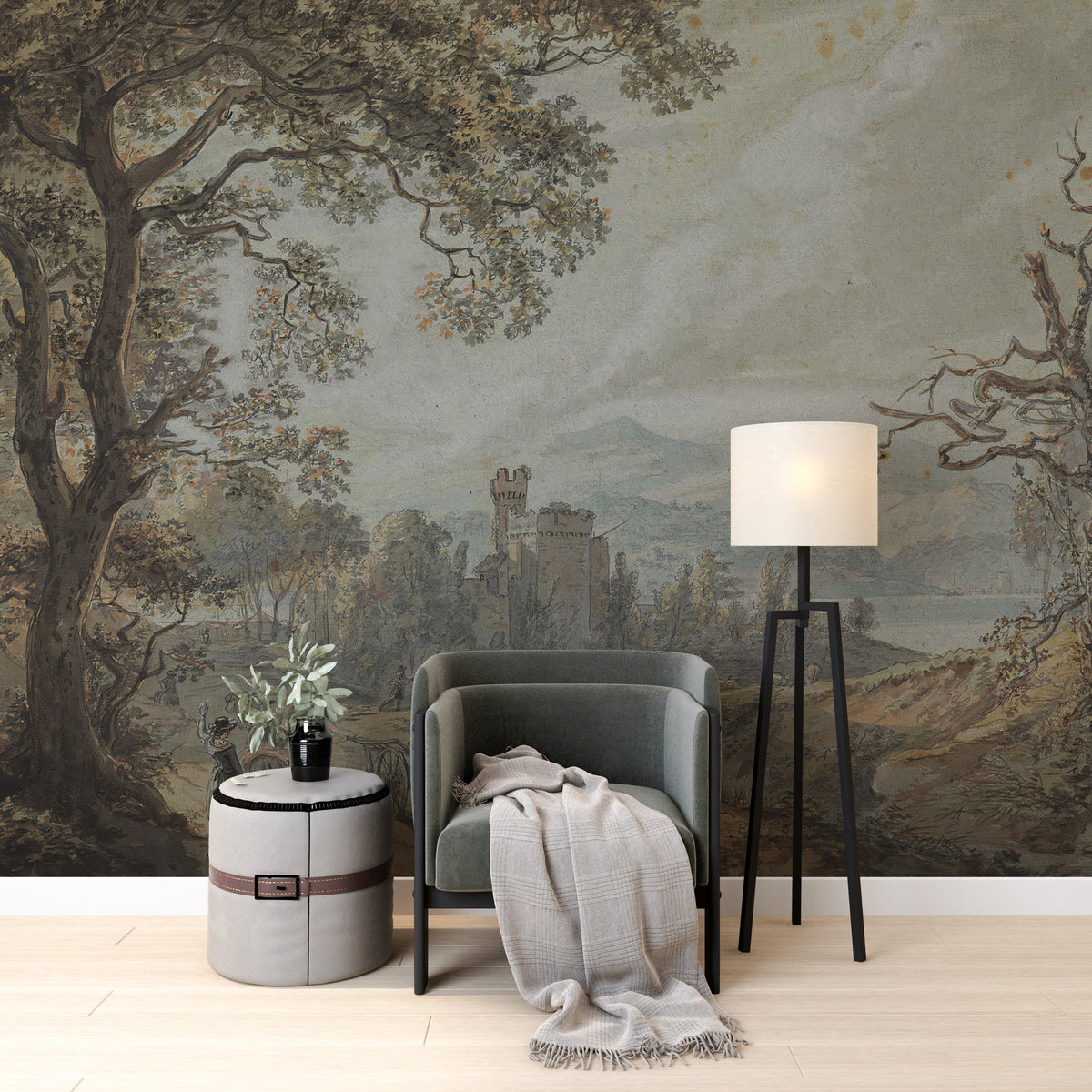Castle Forest Path Wallpaper : Classical Landscape Painting Mural