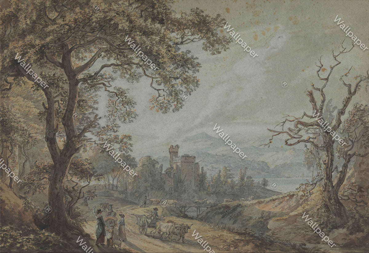 Castle Forest Path Wallpaper : Classical Landscape Painting Mural - flat design