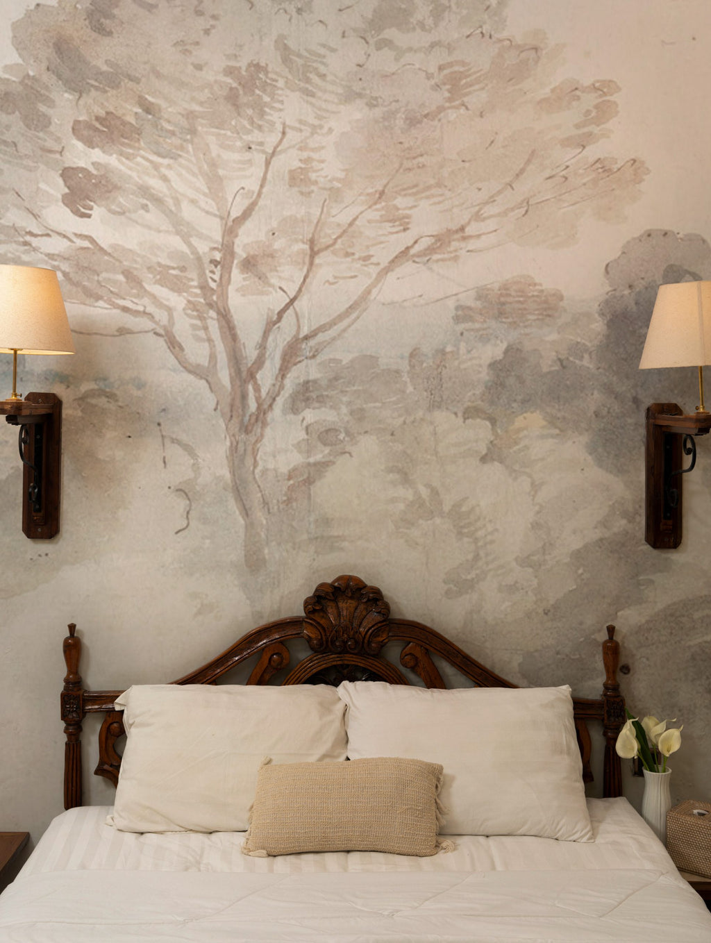 Beige Watercolor Forest Wallpaper : Soft Hazy Treeline Mural - View 3