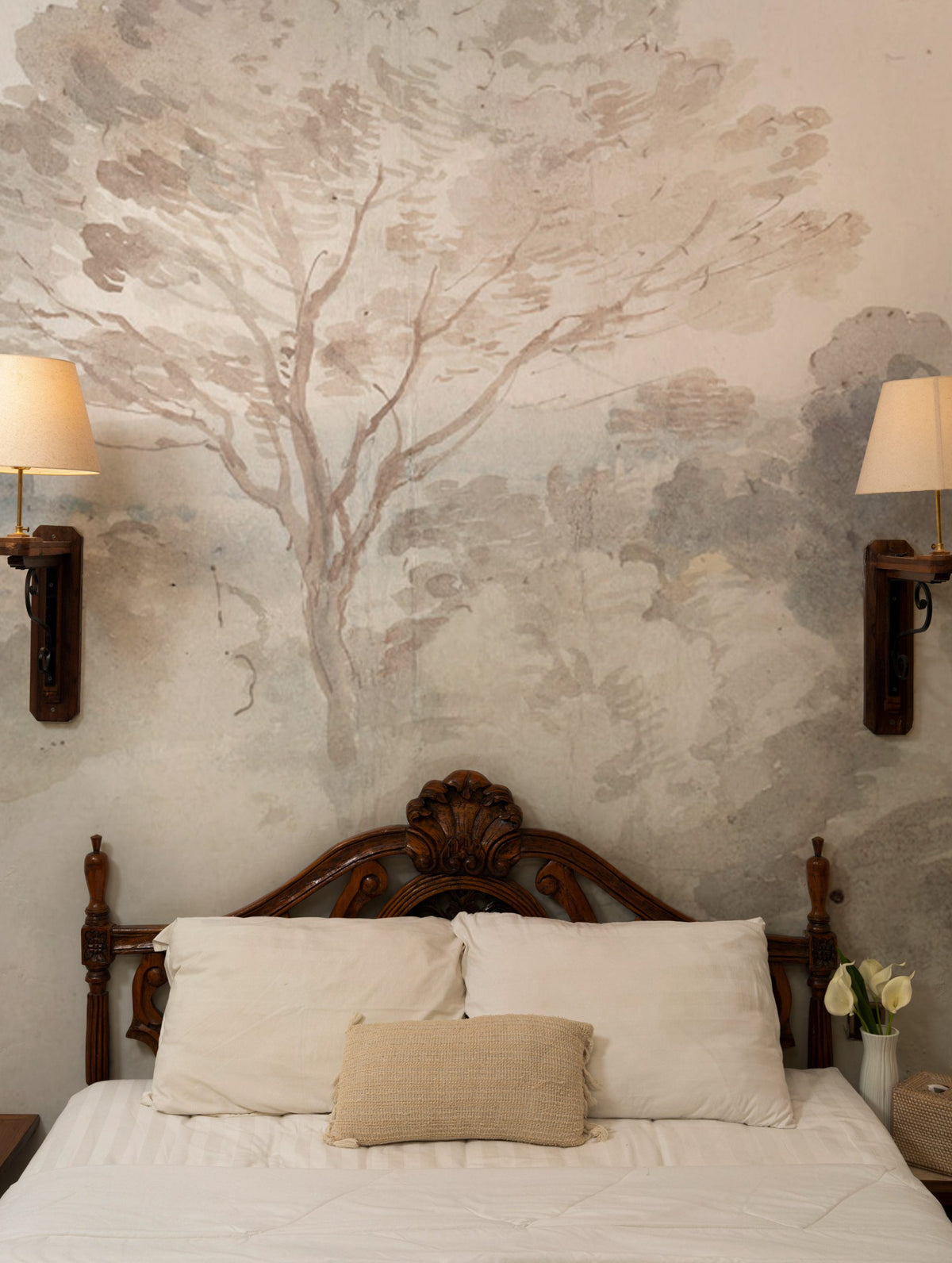 Beige Watercolor Forest Wallpaper : Soft Hazy Treeline Mural - View 3
