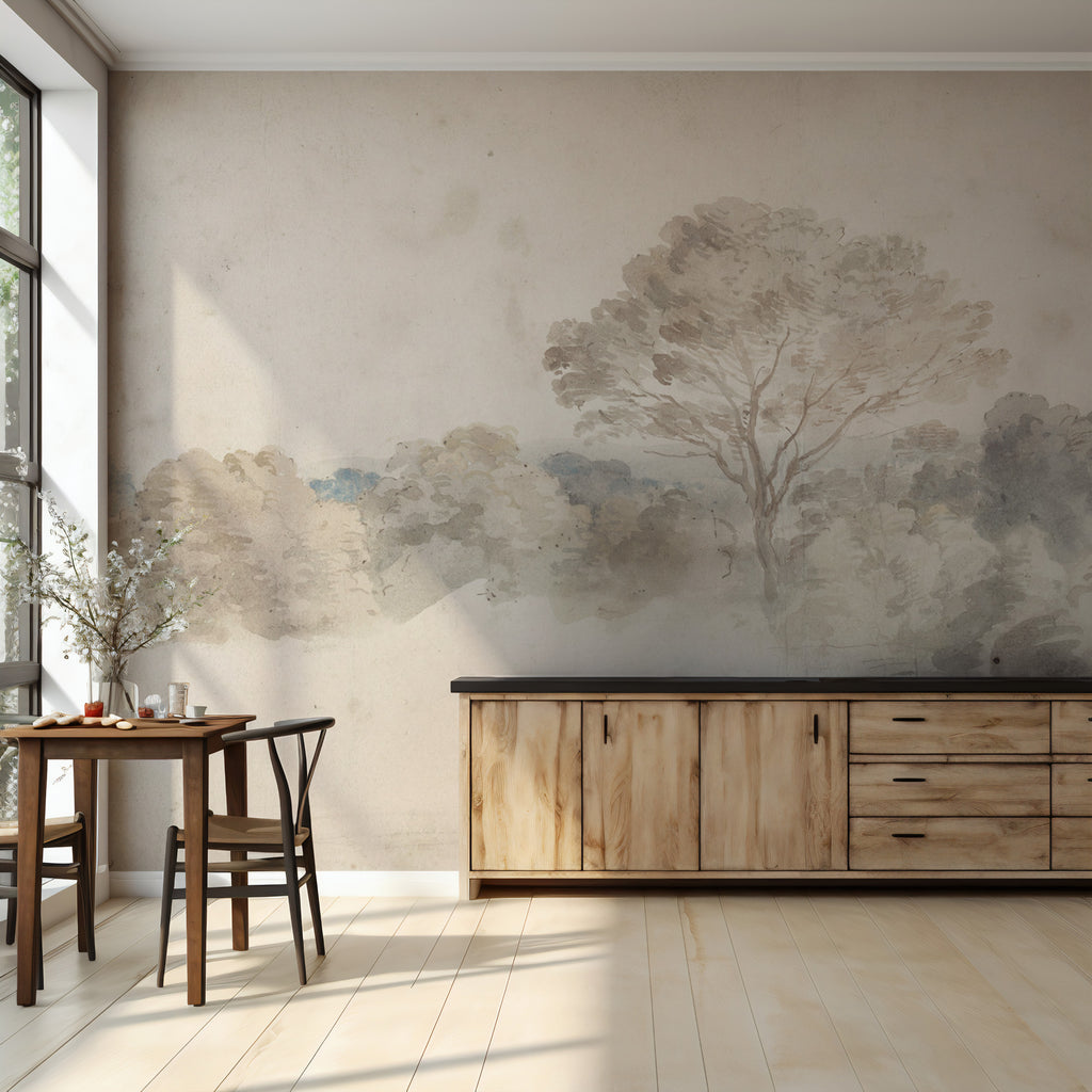 Beige Watercolor Forest Wallpaper : Soft Hazy Treeline Mural - View 4