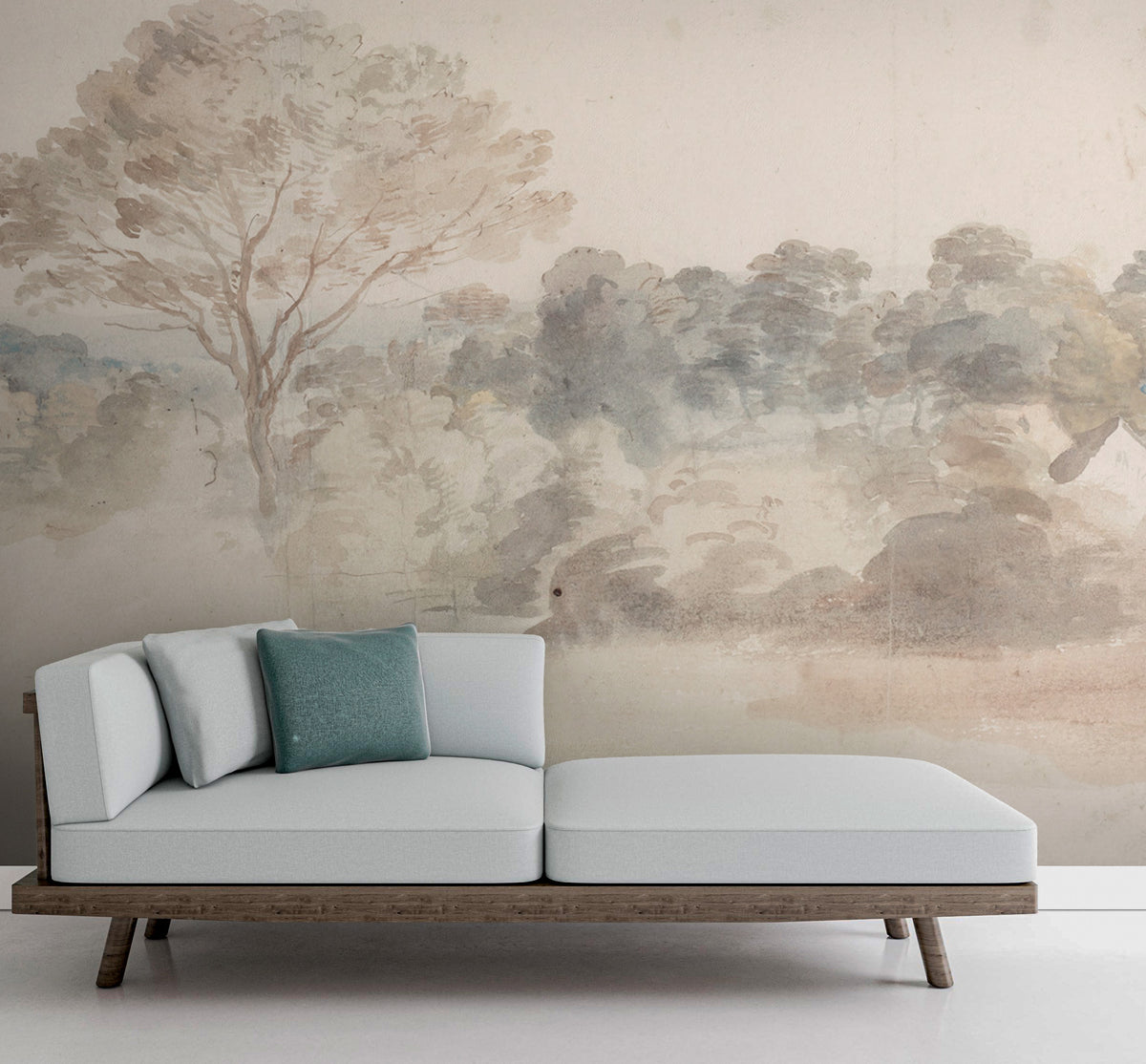 Beige Watercolor Forest Wallpaper : Soft Hazy Treeline Mural - View 5