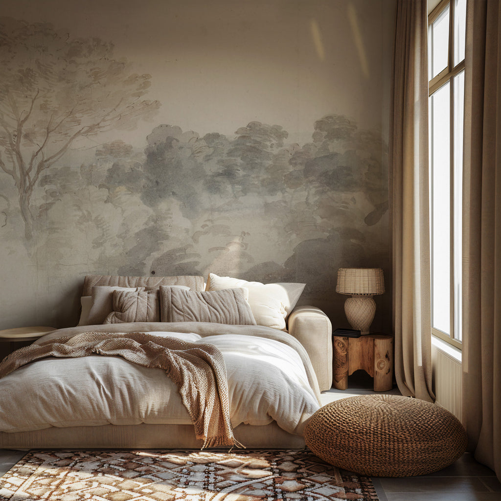 Beige Watercolor Forest Wallpaper : Soft Hazy Treeline Mural