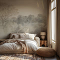 Beige Watercolor Forest Wallpaper : Soft Hazy Treeline Mural