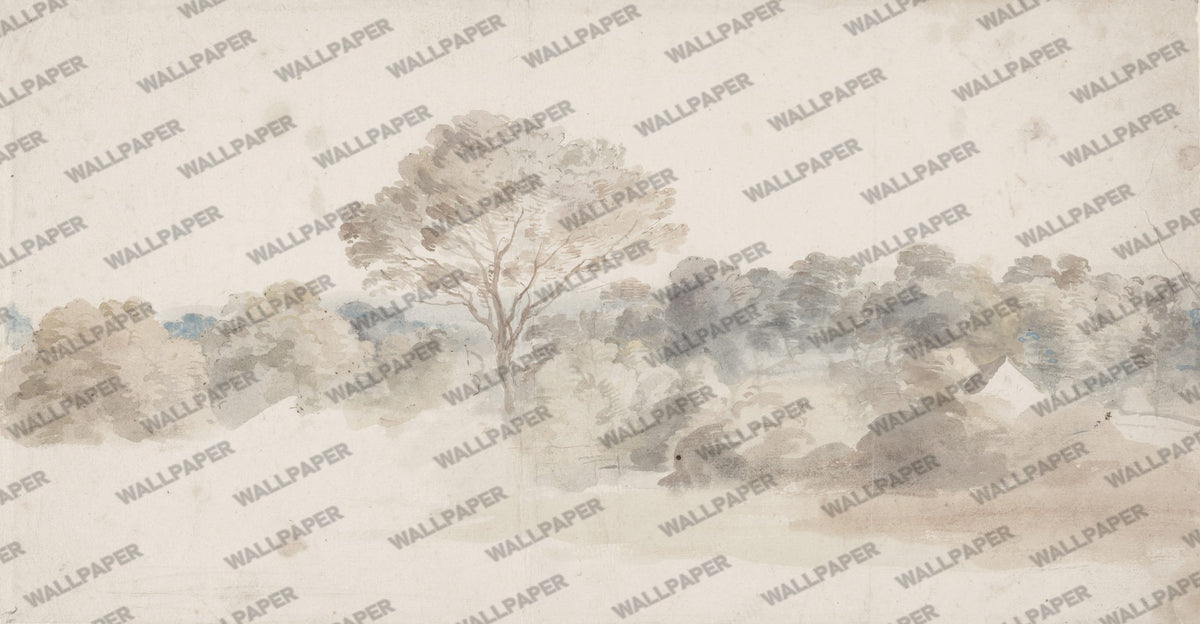 Beige Watercolor Forest Wallpaper : Soft Hazy Treeline Mural - View 2