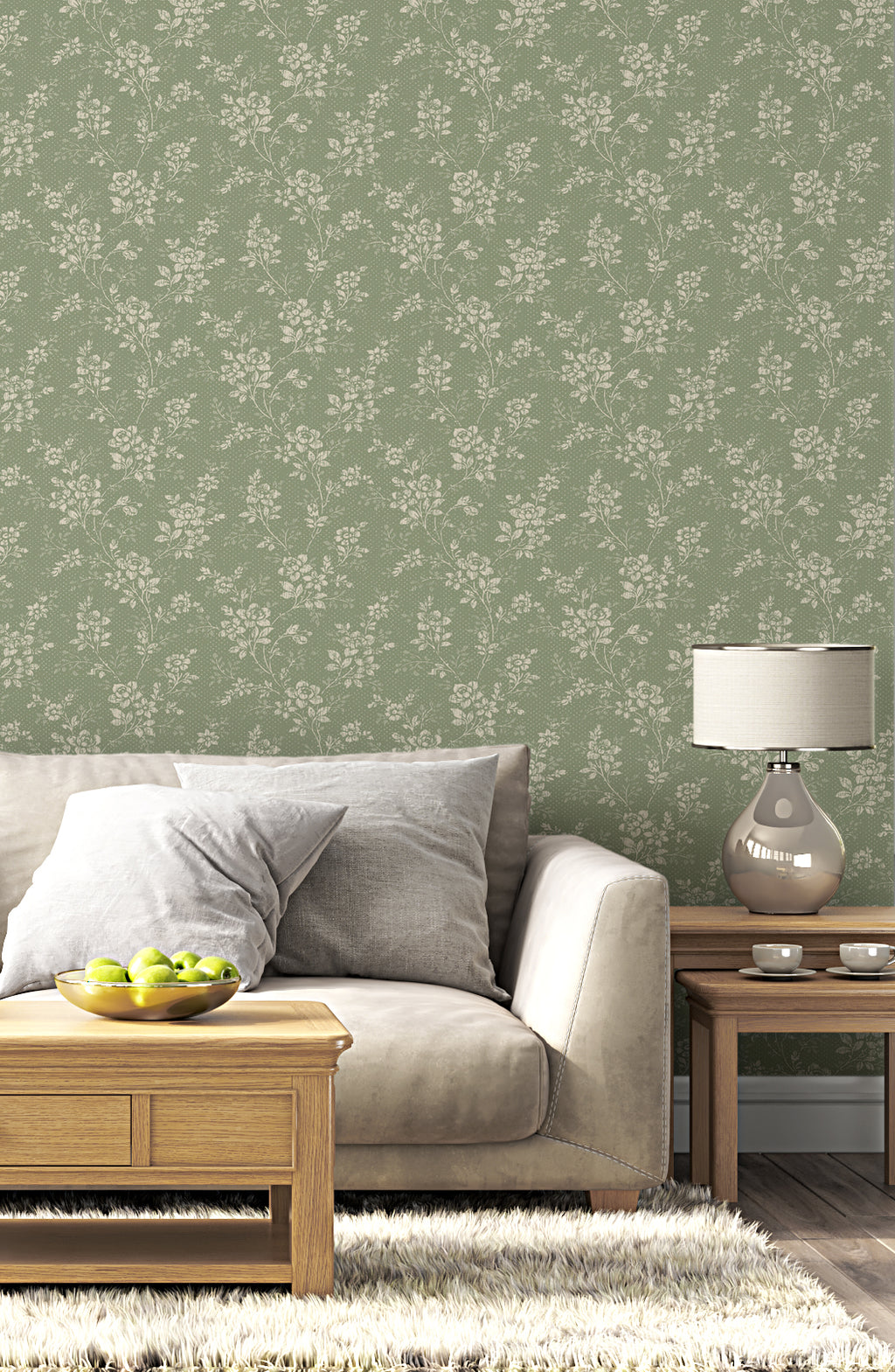 Sage Vintage Rose Wallpaper : Small Floral Pattern - View 5