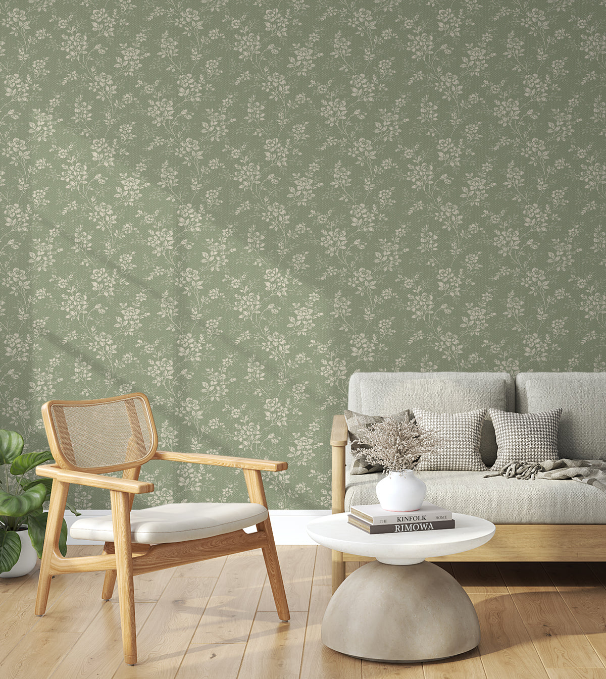 Sage Vintage Rose Wallpaper : Small Floral Pattern - View 4