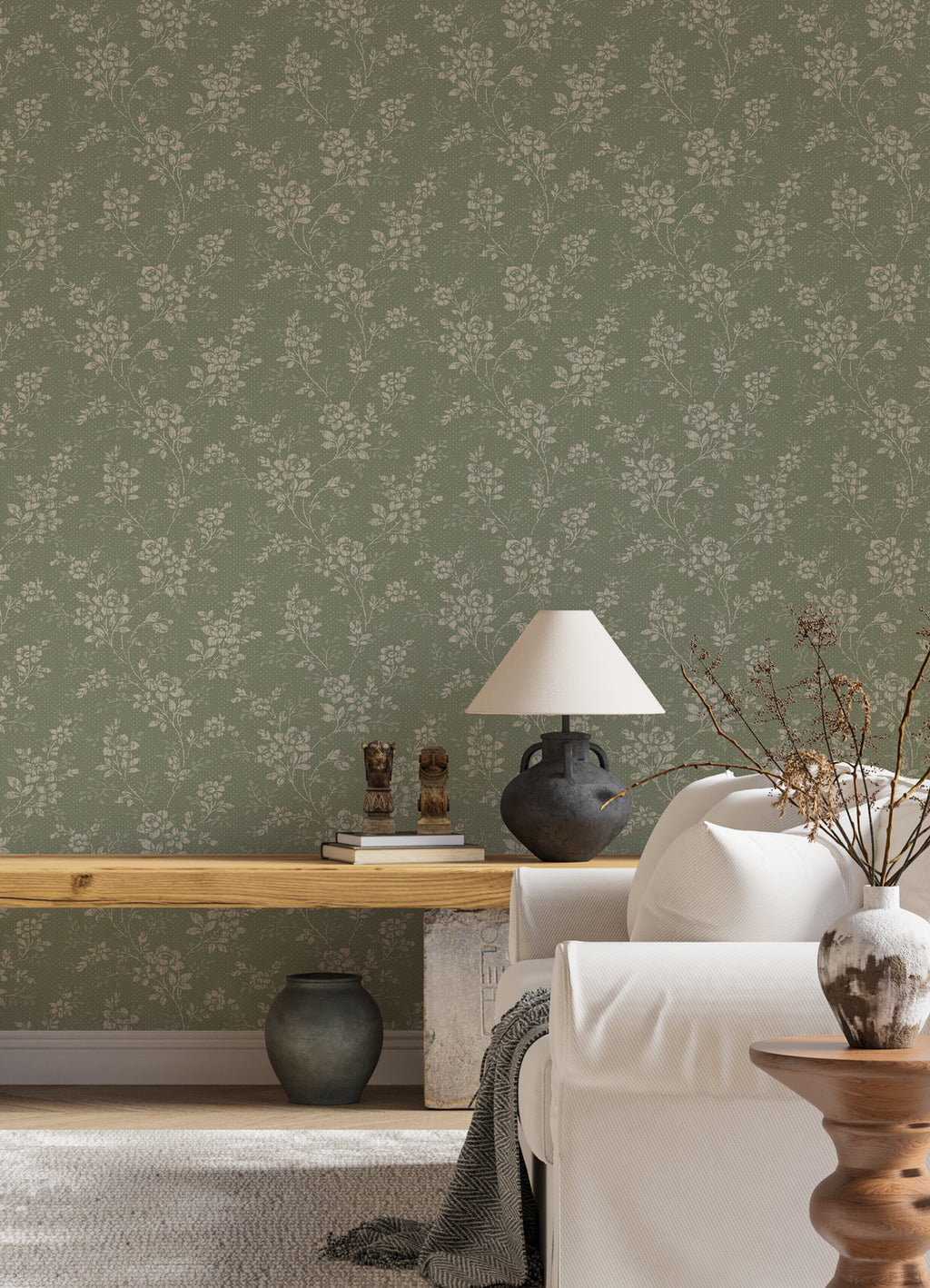 Sage Vintage Rose Wallpaper : Small Floral Pattern