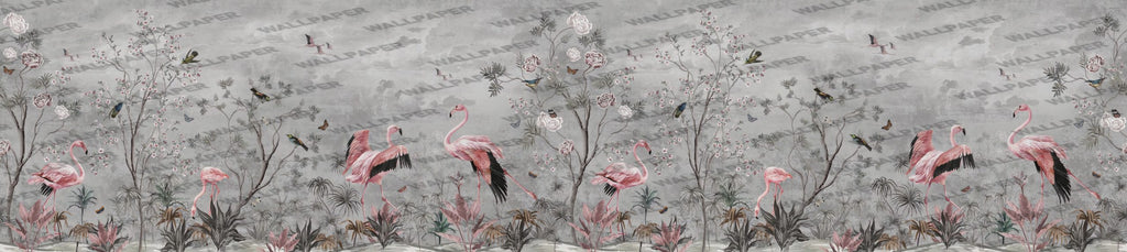 Flamingo Rose Tree Wallpaper : Grey Chinoiserie Mural - View 2