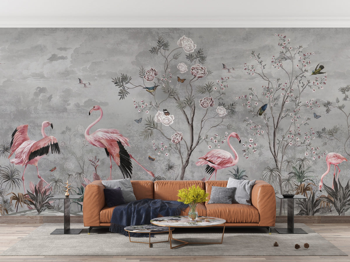 Flamingo Rose Tree Wallpaper : Grey Chinoiserie Mural - View 3