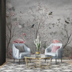 Flamingo Rose Tree Wallpaper : Grey Chinoiserie Mural - View 4