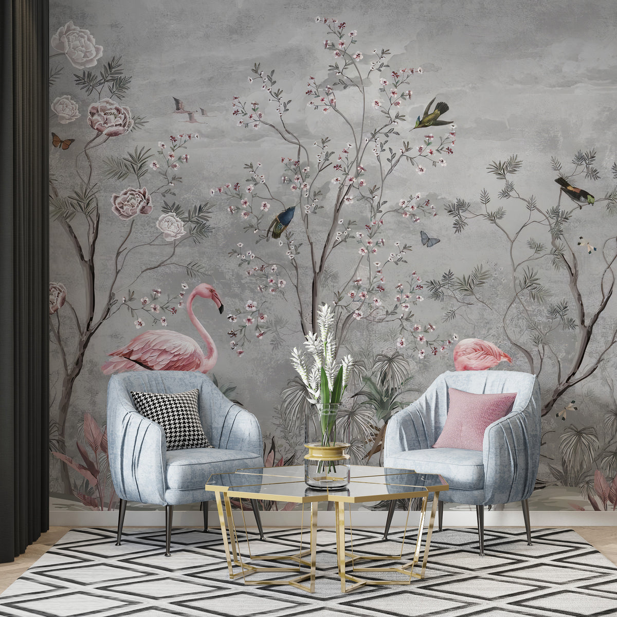 Flamingo Rose Tree Wallpaper : Grey Chinoiserie Mural - View 4