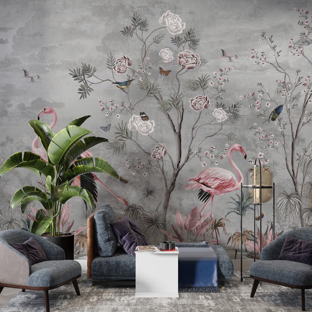 Flamingo Rose Tree Wallpaper : Grey Chinoiserie Mural