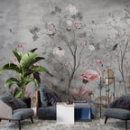 Flamingo Rose Tree Wallpaper : Grey Chinoiserie Mural