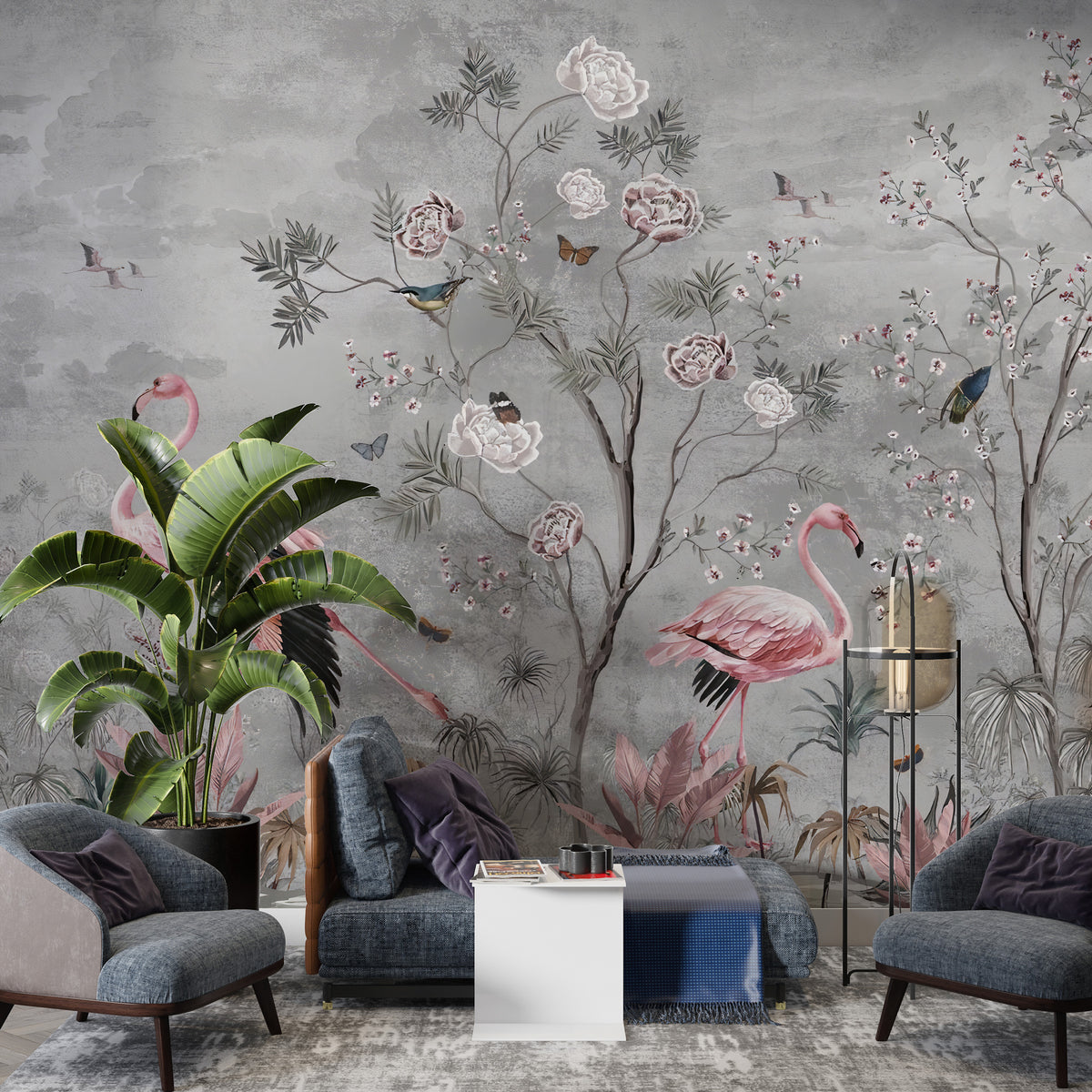 Flamingo Rose Tree Wallpaper : Grey Chinoiserie Mural