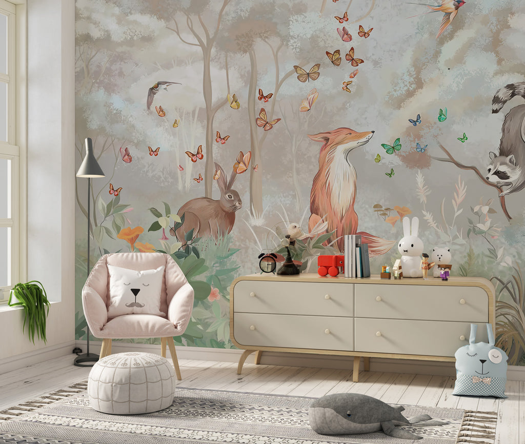 Red Fox Forest Wallpaper : Woodland Animals Kids Mural - View 3