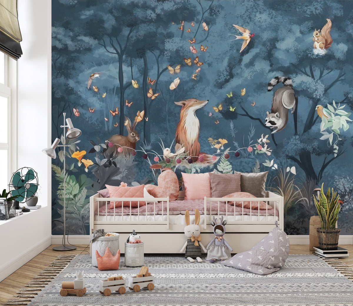 Fox Forest Wallpaper : Blue Woodland Animals and Butterflies Mural - View 2