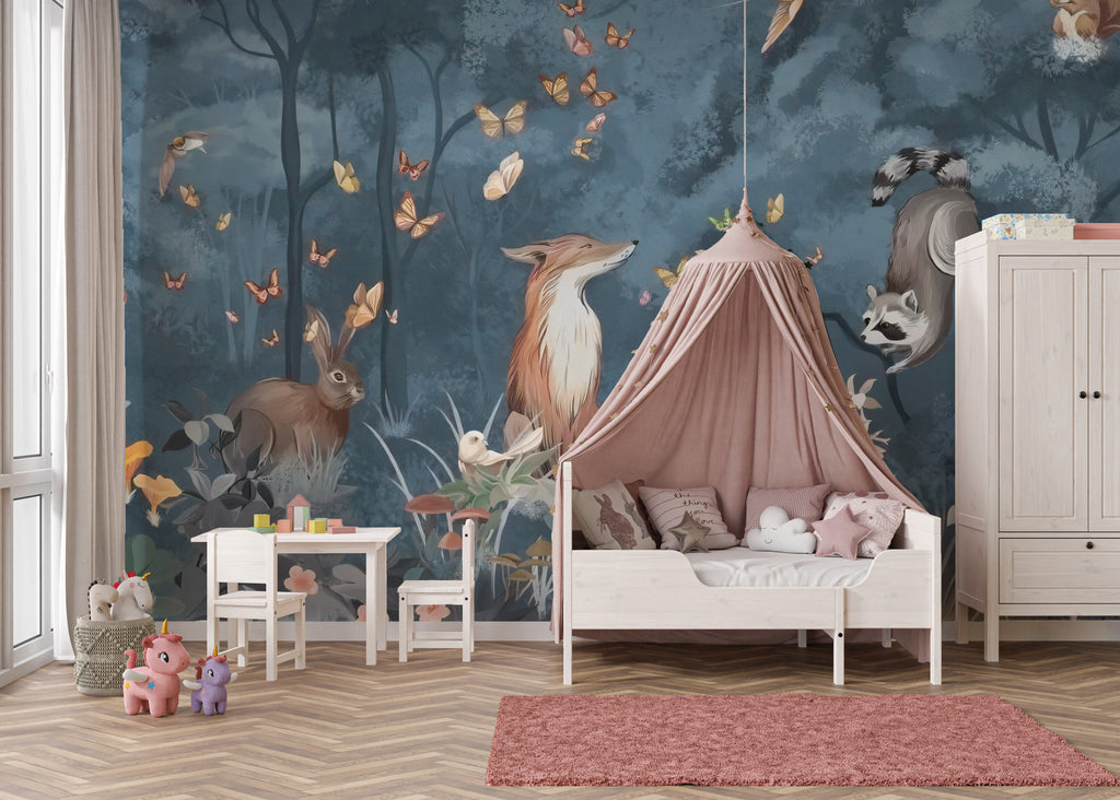Fox Forest Wallpaper : Blue Woodland Animals and Butterflies Mural - View 3
