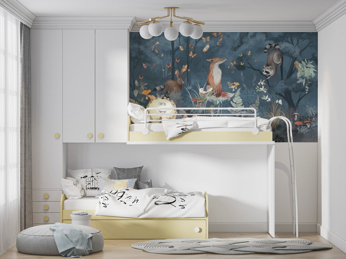 Fox Forest Wallpaper : Blue Woodland Animals and Butterflies Mural - View 5