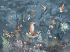 Fox Forest Wallpaper : Blue Woodland Animals and Butterflies Mural - flat design