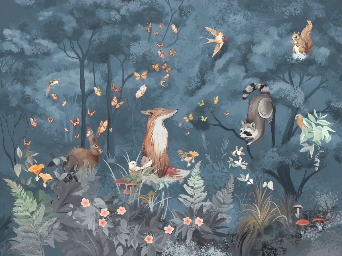 Fox Forest Wallpaper : Blue Woodland Animals and Butterflies Mural - flat design