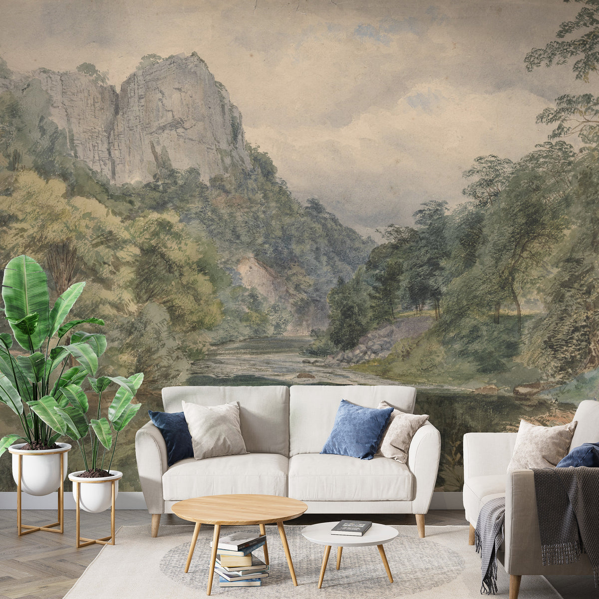 River Valley Forest Wallpaper : Painted Mountain Landscape Mural - View 4