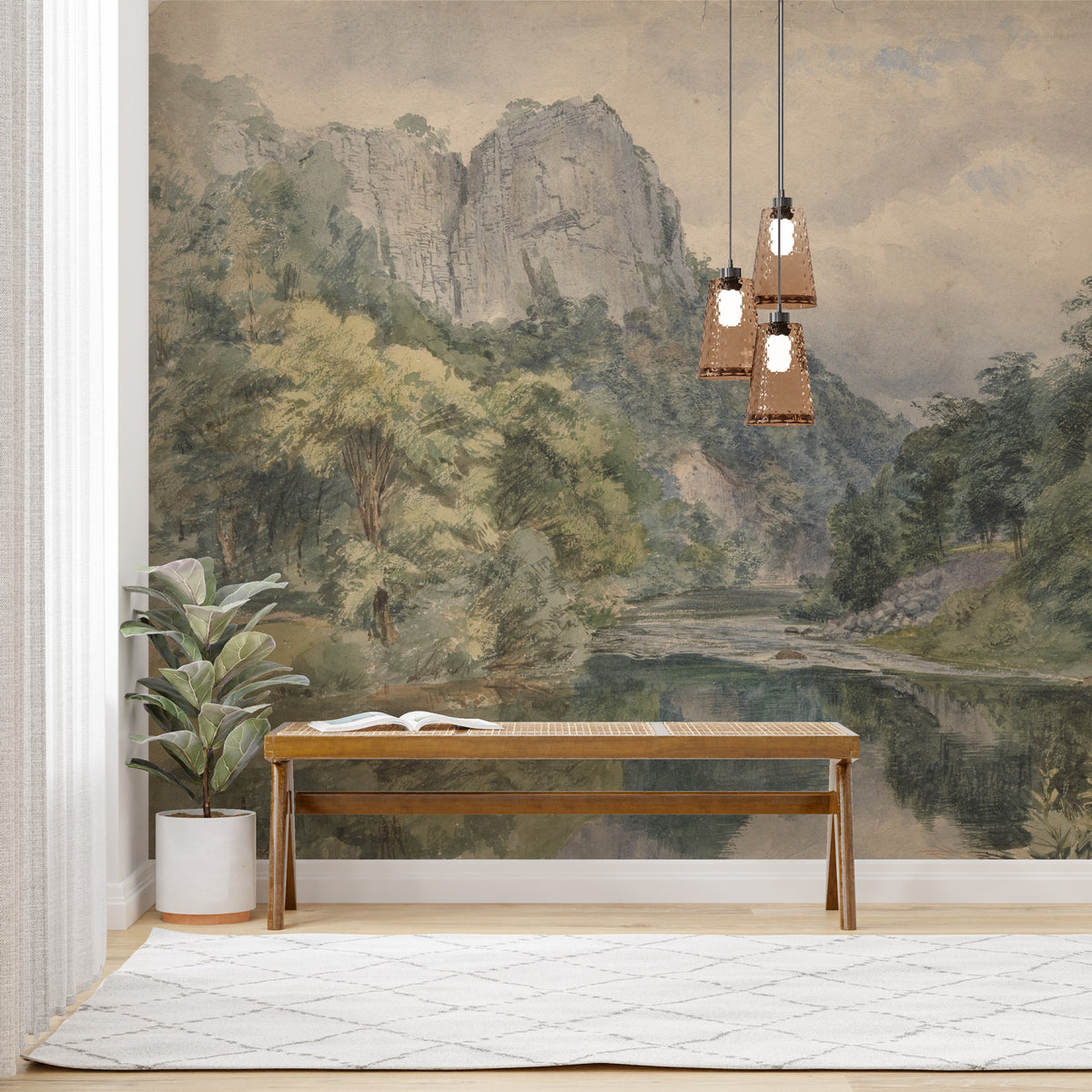 River Valley Forest Wallpaper : Painted Mountain Landscape Mural - View 3