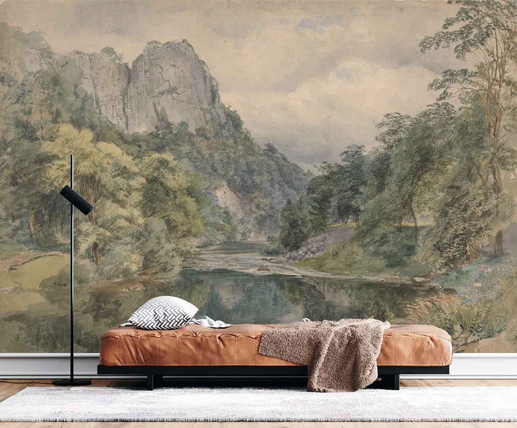 River Valley Forest Wallpaper : Painted Mountain Landscape Mural