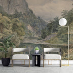 River Valley Forest Wallpaper : Painted Mountain Landscape Mural - View 2