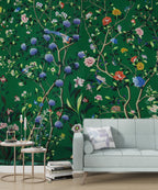 Emerald Chinoiserie Wallpaper : Roses and Colorful Birds Mural - View 2